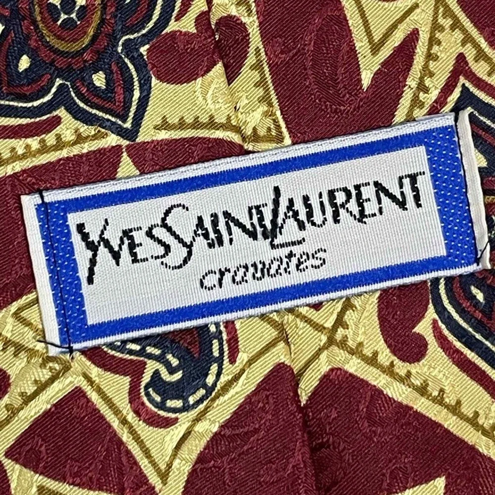 Yves Saint Laurent Tie Mens OS Burgundy Gold Paisley Geometric Silk Designer YSL